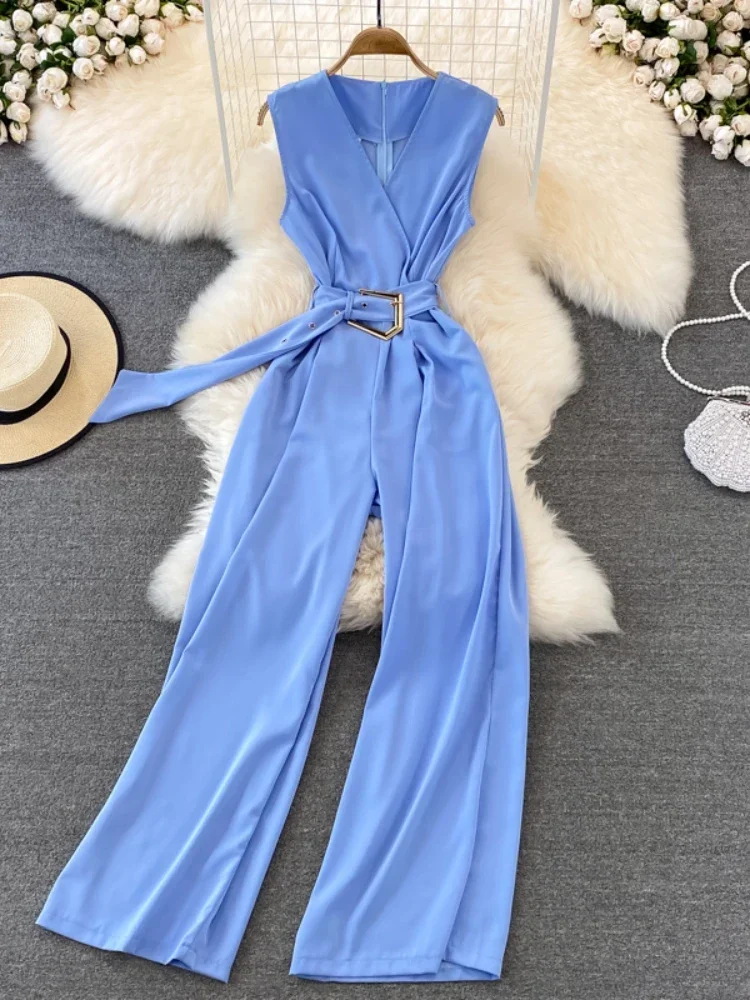 Summer Women V-neck Chiffon Jumpsuits With Belt Office Ladies Retro Rompers Straight Pants Overalls Playsuits Ladies Jumpsuit