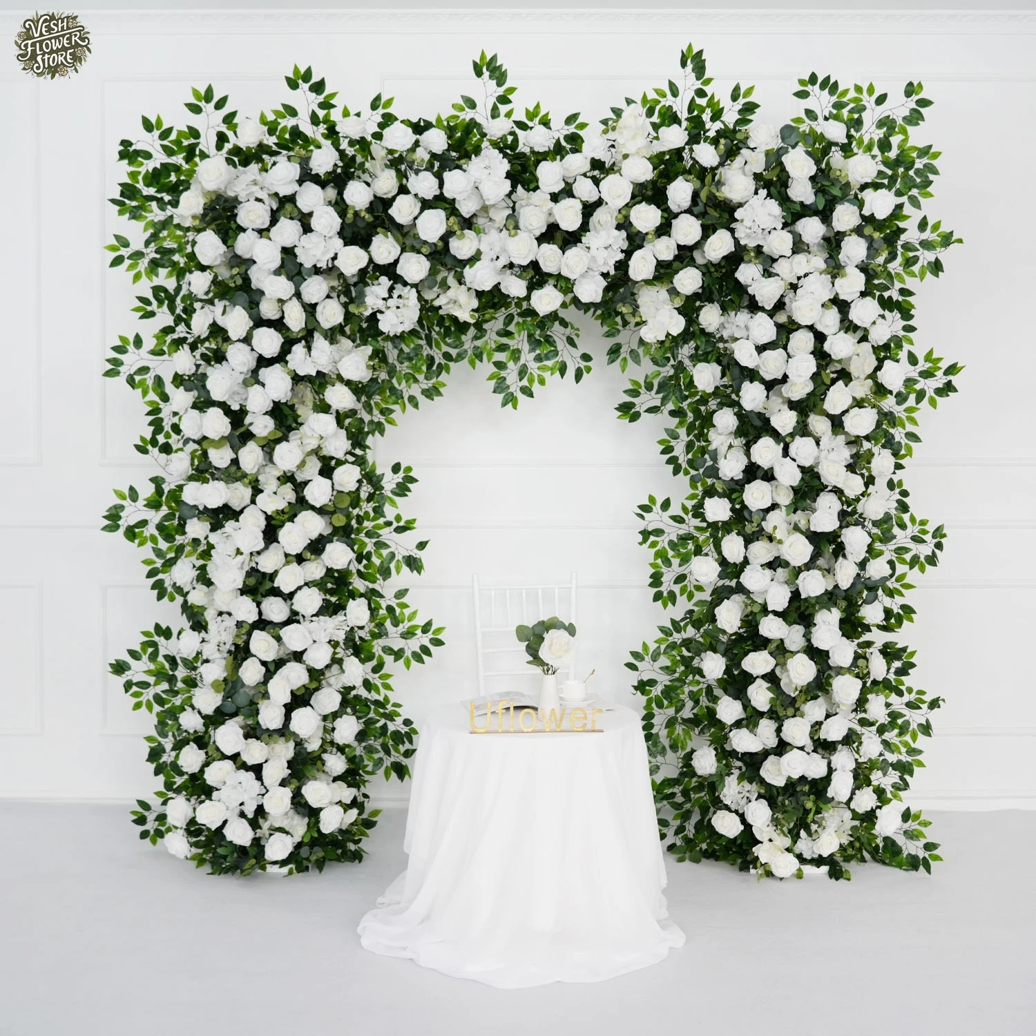 Uflower Artificial White Rose Hydrangea Willow Leaf Flower Row Outdoor Wedding Curb Party Banquet Hotel Event Background Decor