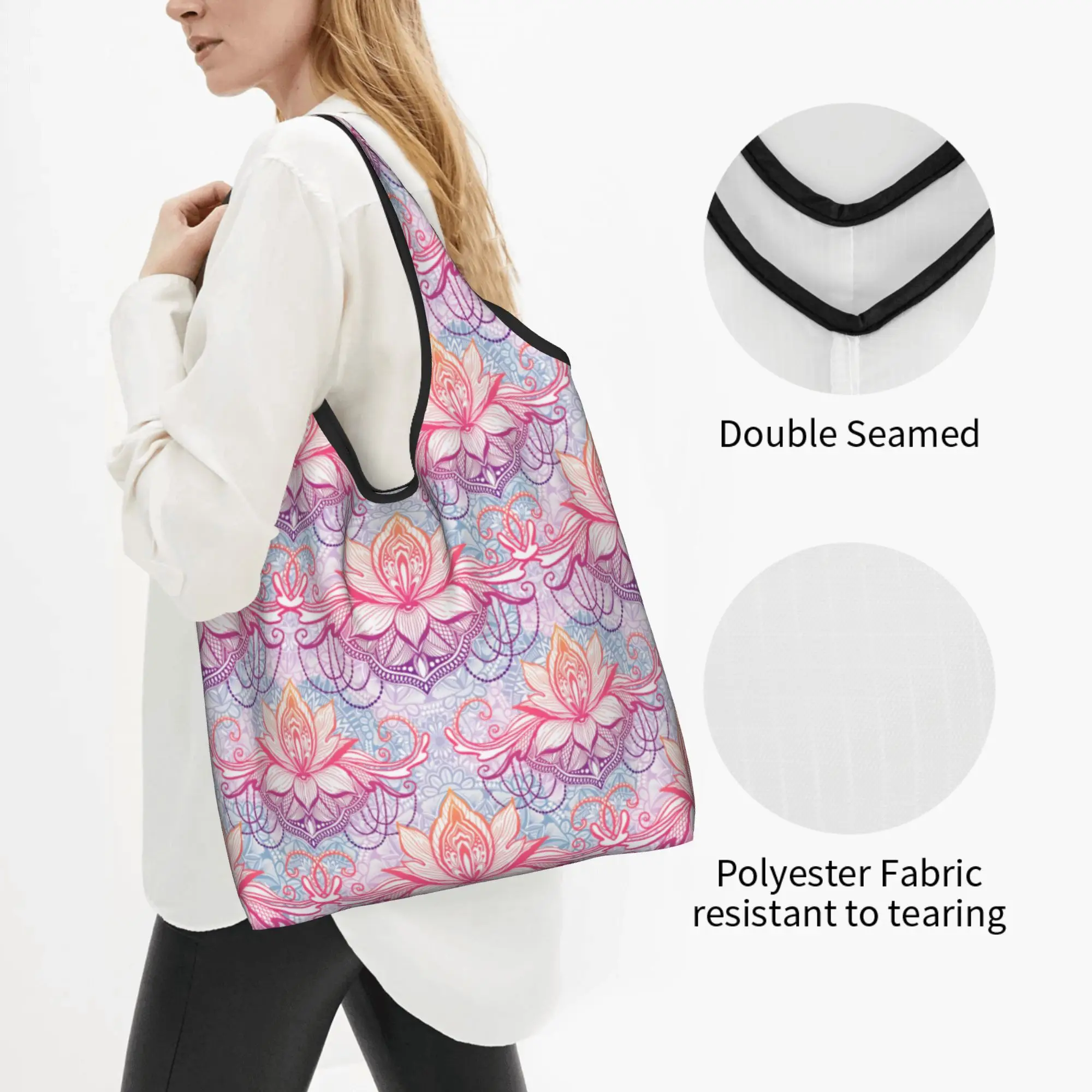 Mandala Bohemian Style Lotus Flower Groceries Tote Shopping Bag Women Cute Kaleidoscope Texture Shoulder Shopper Bag Handbags