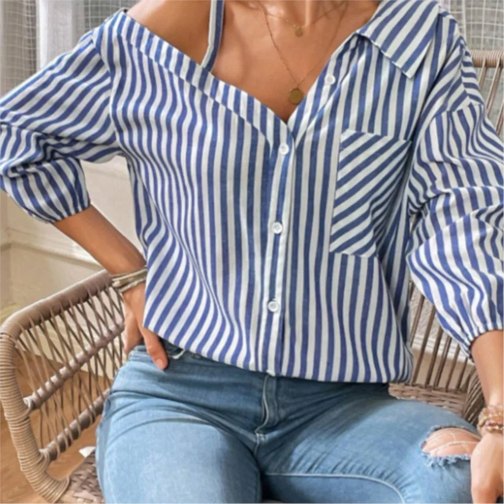 Summer Fashion Striped 7-quarter Sleeve Shirt Women's Sexy Suspender Off-Shoulder Lapel Top Casual Loose  Versatile Female Shirt