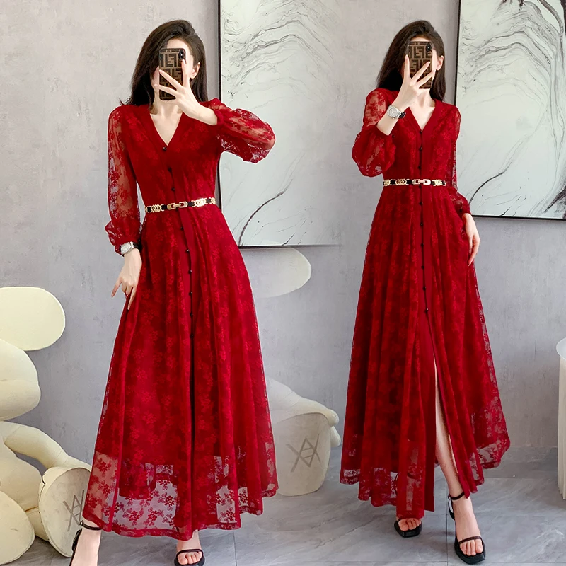 S-3XL New Elegant Autumn Red Lace Flower Maxi Dress For Women V Neck Single Breasted Lantern Sleeve Long Party Vestido With Belt