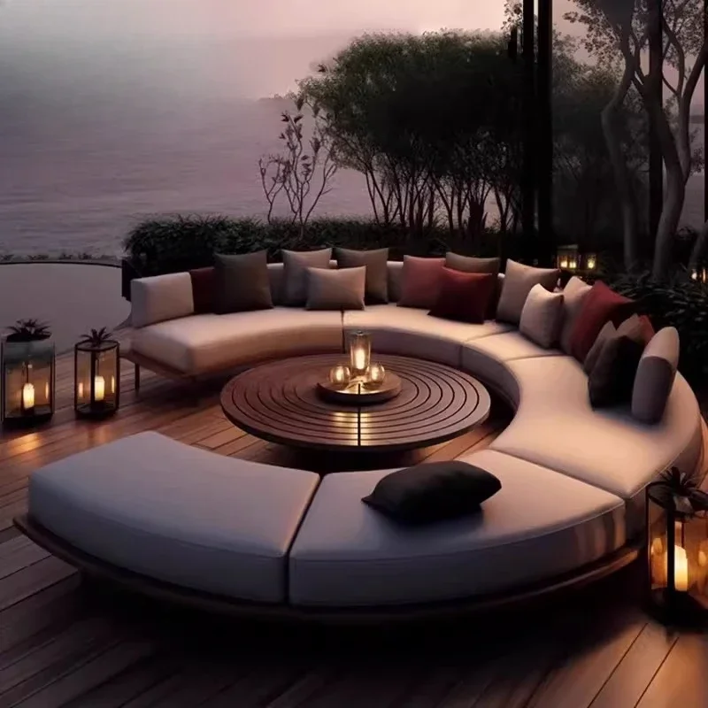 Outdoor round leisure sofa, sunscreen and waterproof coffee table combination, curved sofa