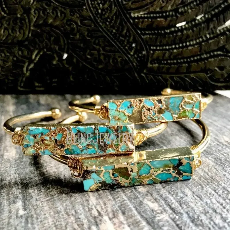 10pcs Boho Turquoise Bar Natural Stone Bangle Bracelet Women Wedding Jewelry Bridesmaid Gift Stainless Steel Gold Color Cuff