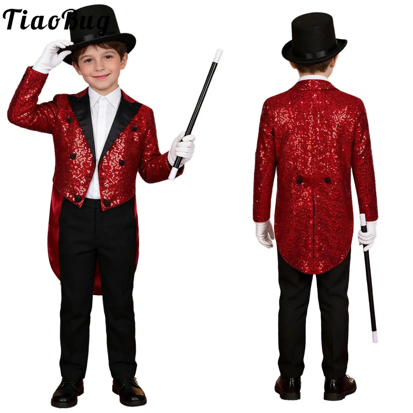 Kids Boys Halloween Circus Ringmaster Magic Shows Costume Shiny Sequins Blazer Tuxedo Magician Tailcoat Coat Hat Gloves Wand