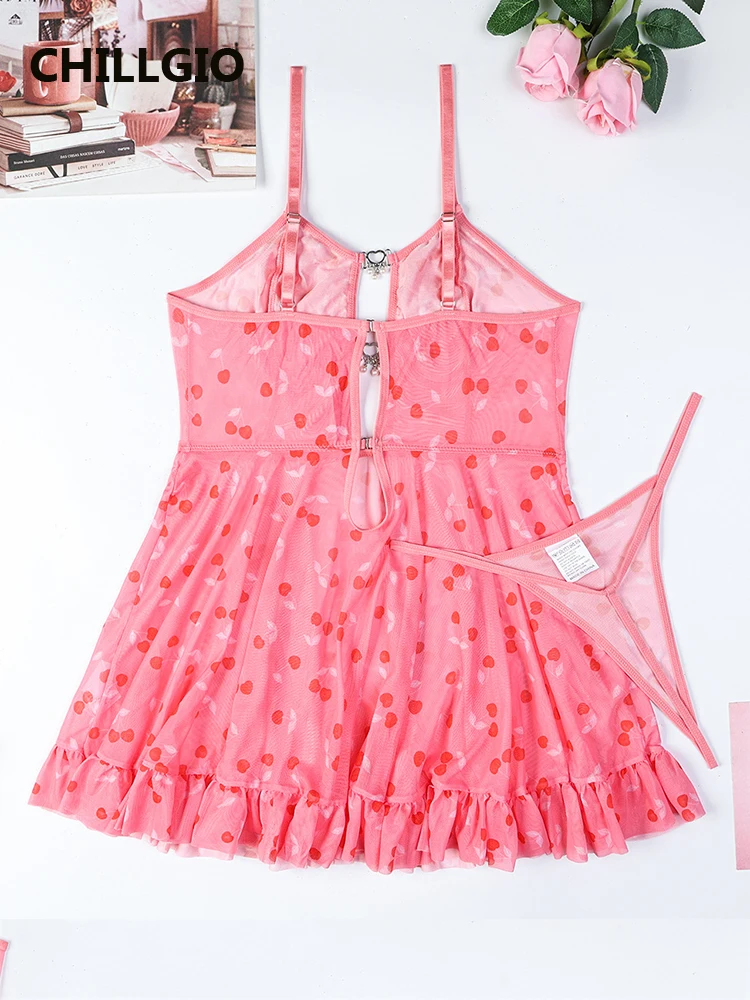 CHILLGIO Summer Dresses 2025 Mesh Women Print Erotic Sheer Hollow Out Strappy Dress Sexy Thong Sweetcute Mini Dresses Pajamas