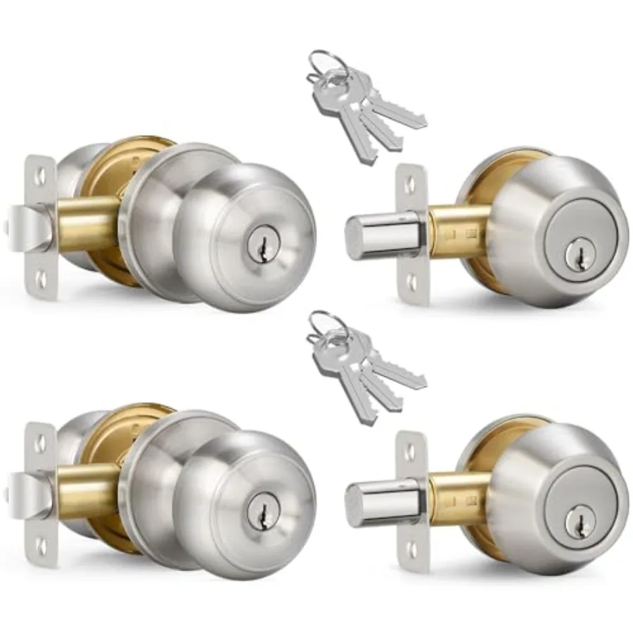 

2 Sets Entry Door Knob and Single Cylinder Deadbolt Combo Set, Keyed Alike Round Ball Exterior Door Knobs with Lock and Keys fo