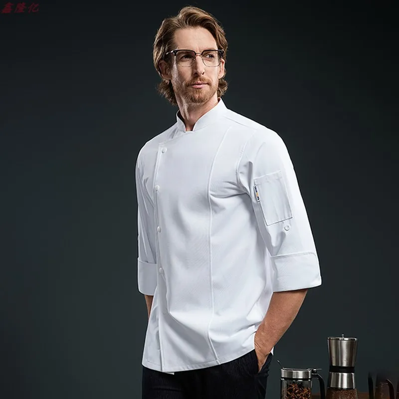 زي عمل طاه الفندق بأكمام طويلة للمطاعم الغربية، قميص أبيض لطهاة الفنادق، ملابس عمل عصرية بصدر واحد