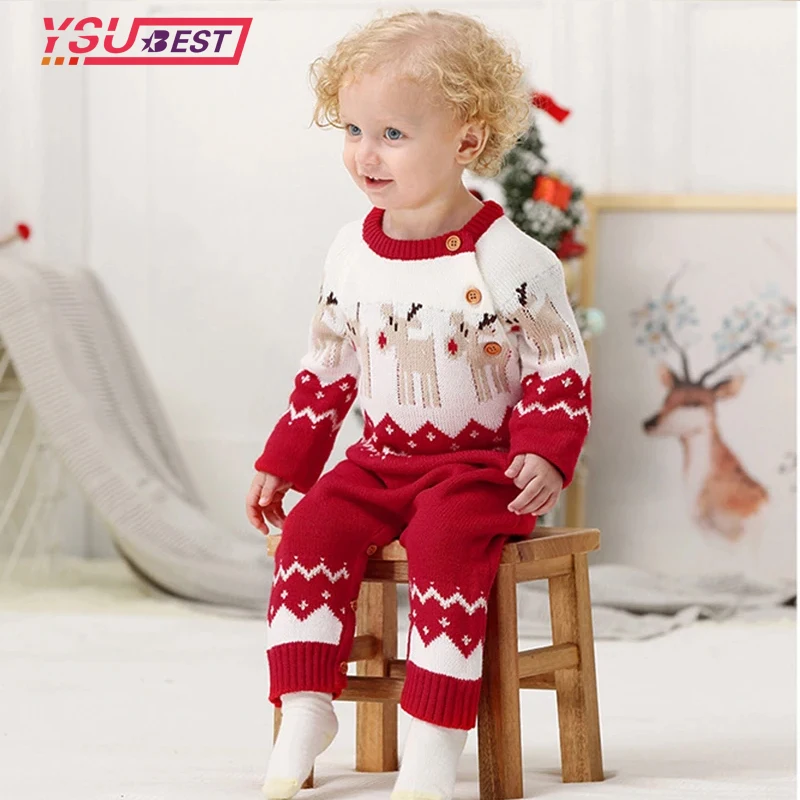 

Christmas Deer Knit Jumpsuit Kids Winter Baby Romper Red Christmas Clothes Autumn Newborn One-Piece Onesie Toddler Girls Outfit