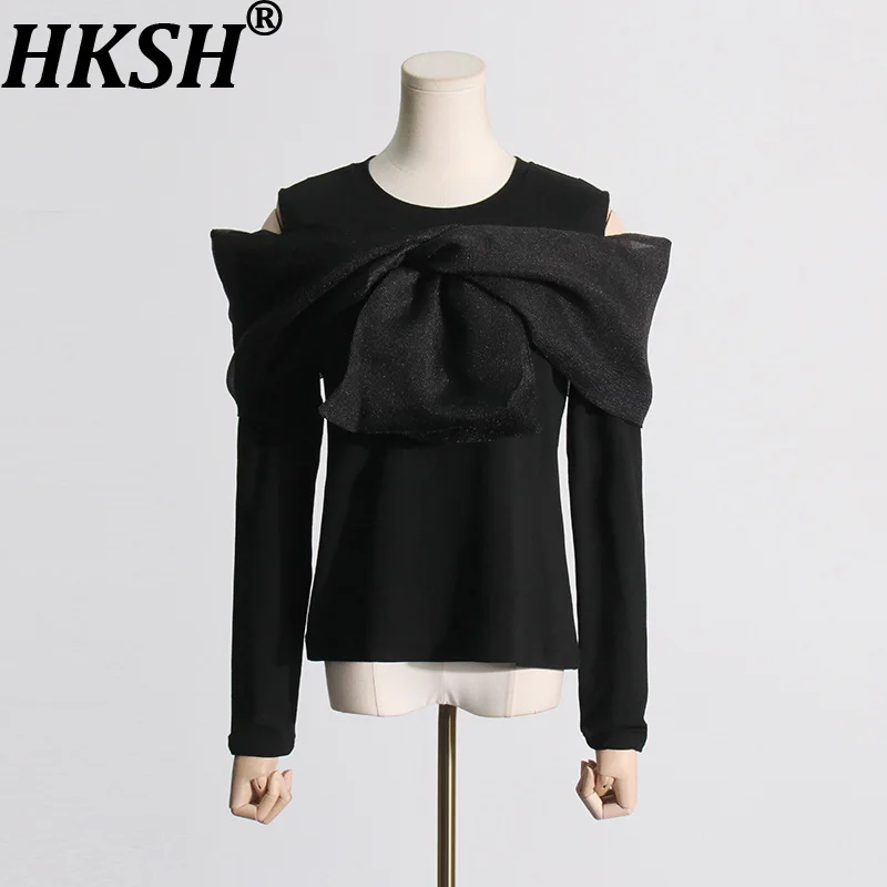 

HKSH Autumn New Women Dark Techwear Niche Design Patchwork Bowknot Long Sleeve T-shirt Casual Subtle Off-Shoulder Top Ins HK8448