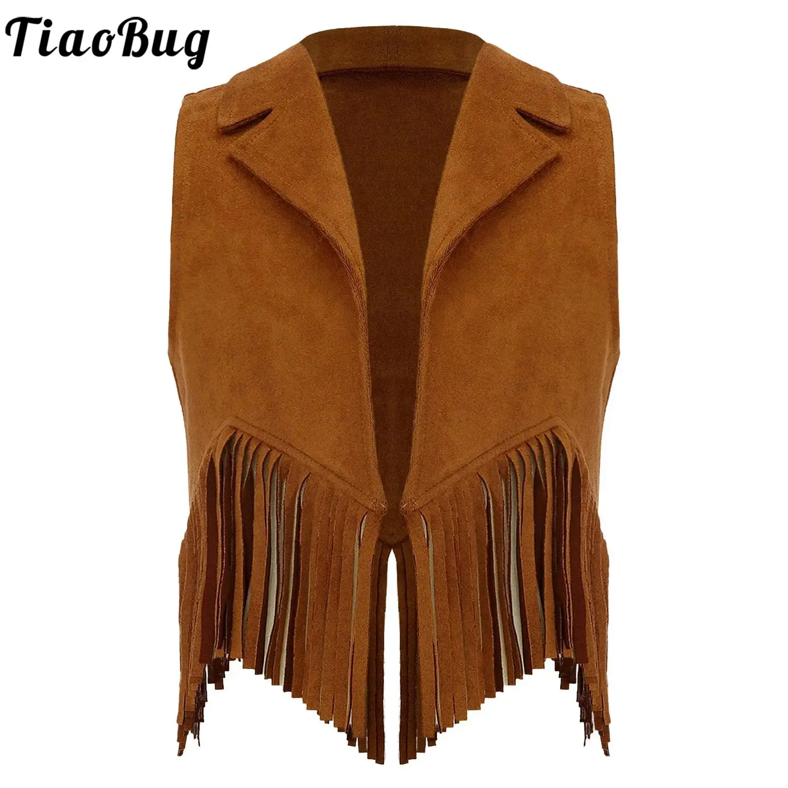 Boys Girls Suede Tassel Western Cowboy Cowgirl Vest Cosplay Fringe Waistcoat Top Halloween Party Cowboy Dress Up Costume