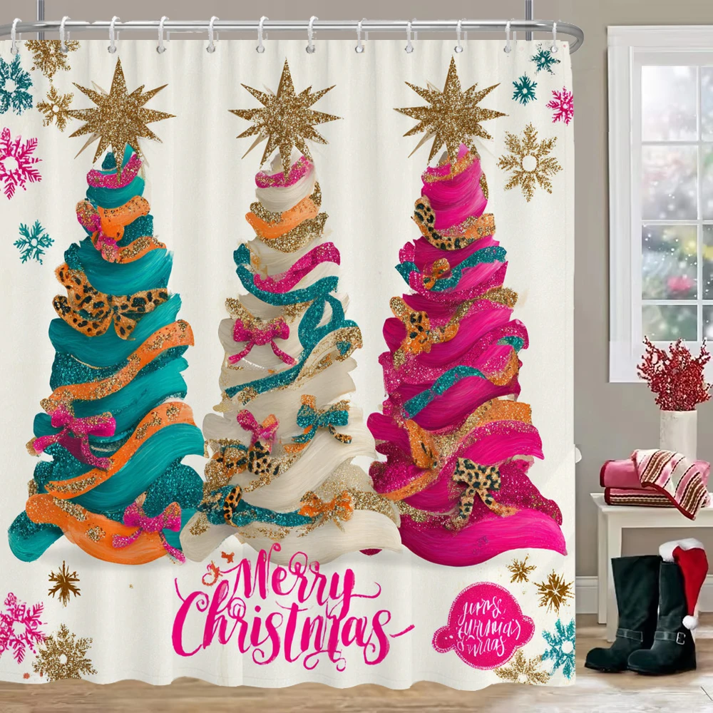 قطعة واحدة من ستارة الحمام المطبوعة بشجرة عيد الميلاد مع خطافات، قماش مطبوع لستارة تزيين عطلة المنزل #2