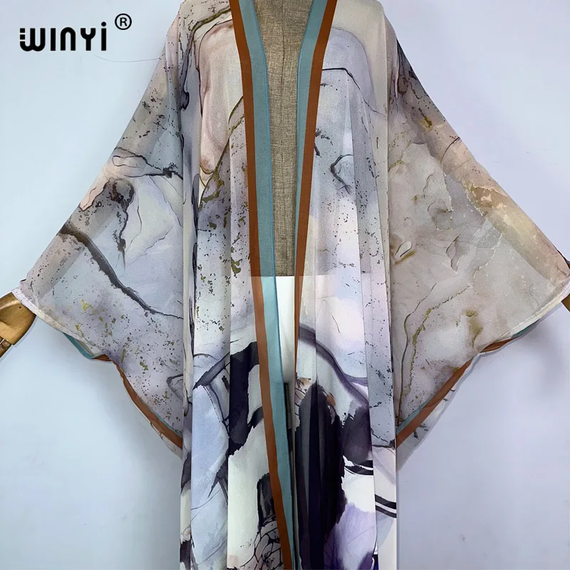 WINYI kimono Europe summer boho print Bikini Cover-up Elegant fashion Cardigan sexy Holiday long Sleeve silk feeling maxi dress