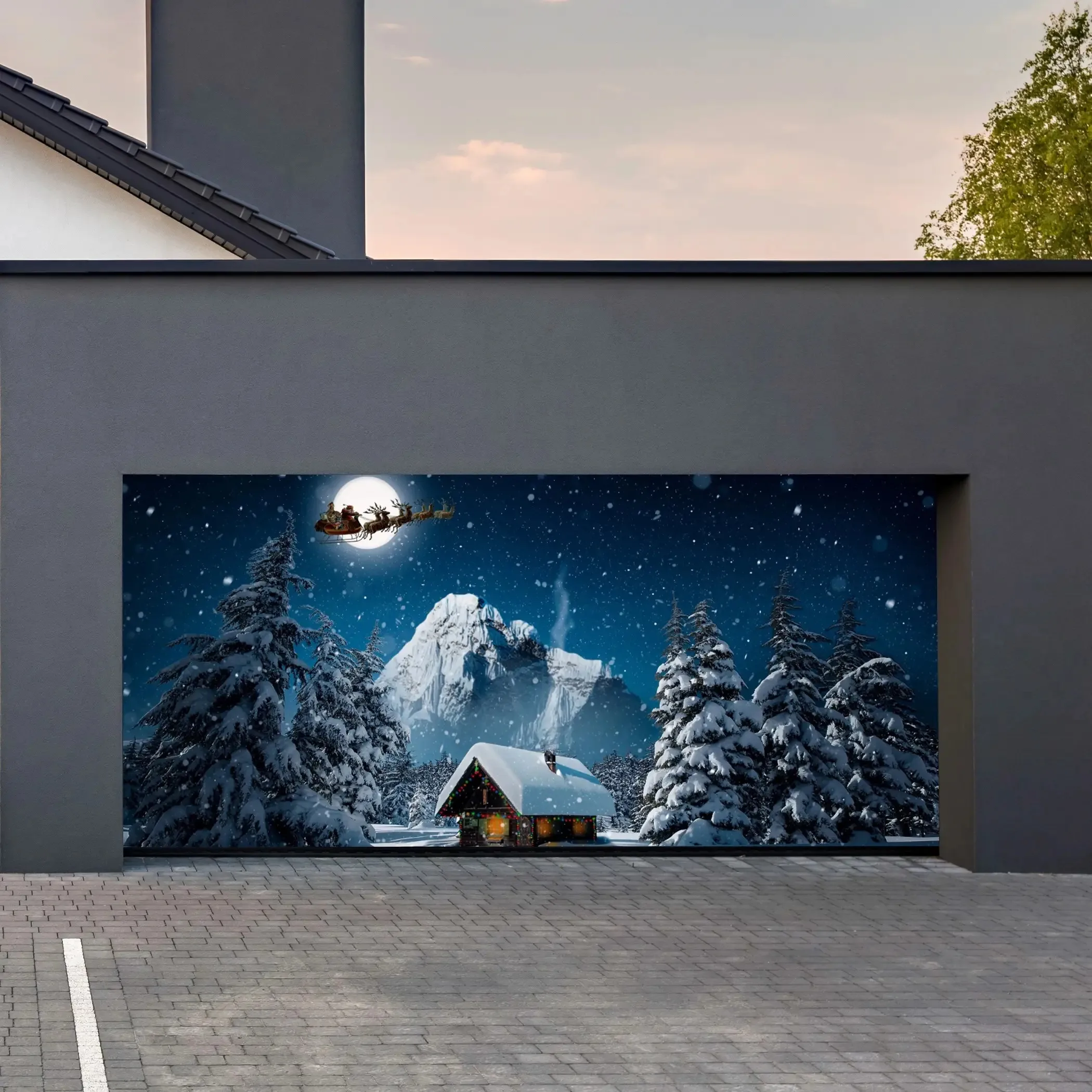 Night Snow Scene Garage Door Tapestry - Winter Wonderland with Snowy Mountain, Pine Trees & Moonlit Sky - Heavy-Duty