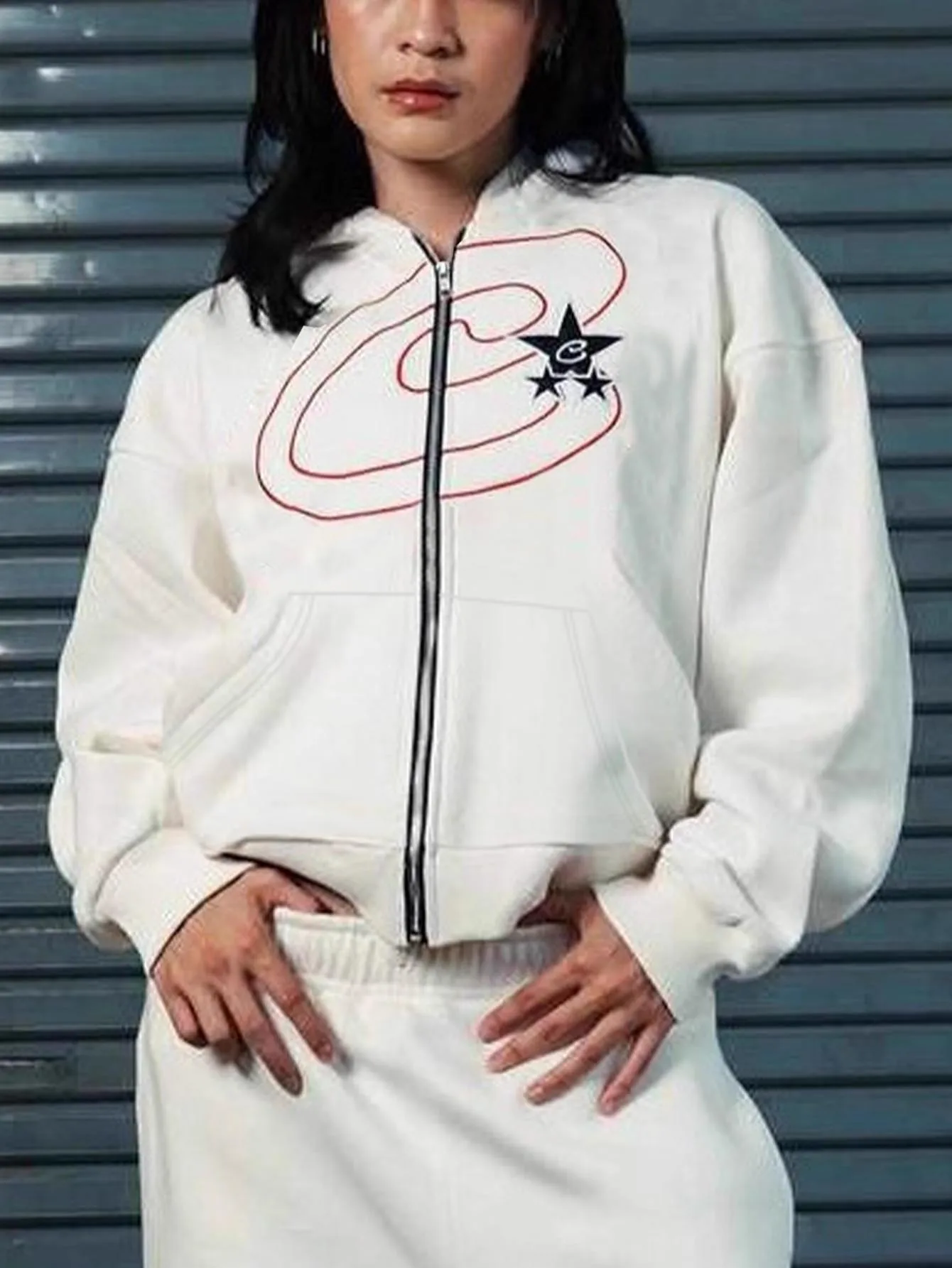 Trendy Ladies Oversized Zip Up Hoodie Star & Curve Pattern Long Sleeve Pocket Hip Hop Streetwear Punk Casual Hooded Sweat Jacket