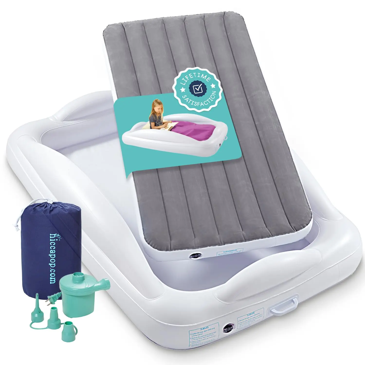

Hiccapop Inflatable Toddler Travel Bed with Safety Bumpers [4-Sided], Portable Toddler Bed for Kids, Toddler Air Mattress, Kids