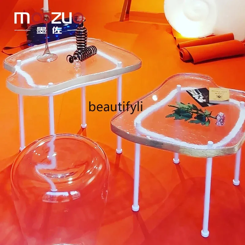 

xzItalian minimalist transparent crystal glass coffee table living room household metal base special-shaped sofa side table