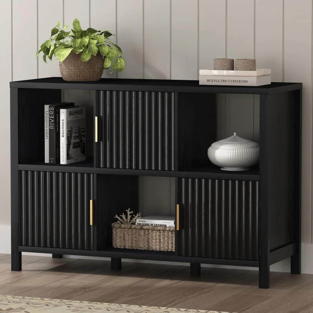 Fluted Storage Organizer Bookshelf, Modern Cube Bookcase with 3 Open Shelf and 3 Cabinets with Doors for Bedroom