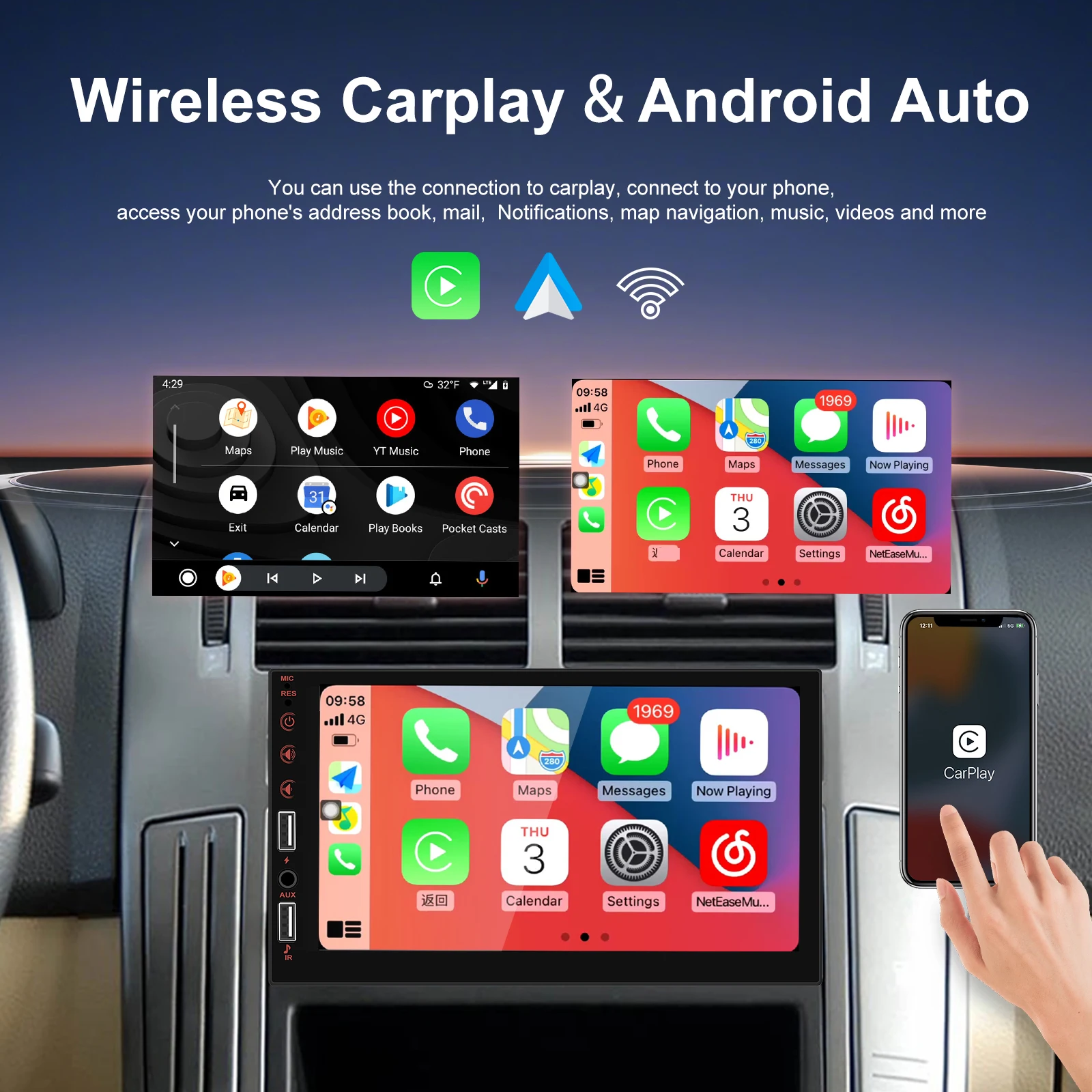 Podofo 1Din 7'' Auto-Multimediaplayer Kabelloses Carplay Android Auto Mirror Link Universeller Auto-MP5-Player Bluetooth FM DVR AUX-IN – Detail 2