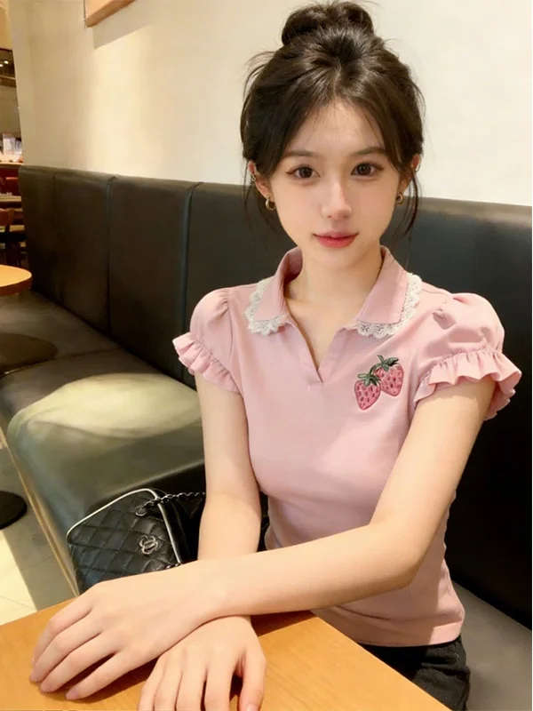 Sweet Style Summer Lace Trim Short Sleeve  Shirt T-Shirt Women's Fit Bubble Sleeve Top Strawberry Embroidery Casual Wear