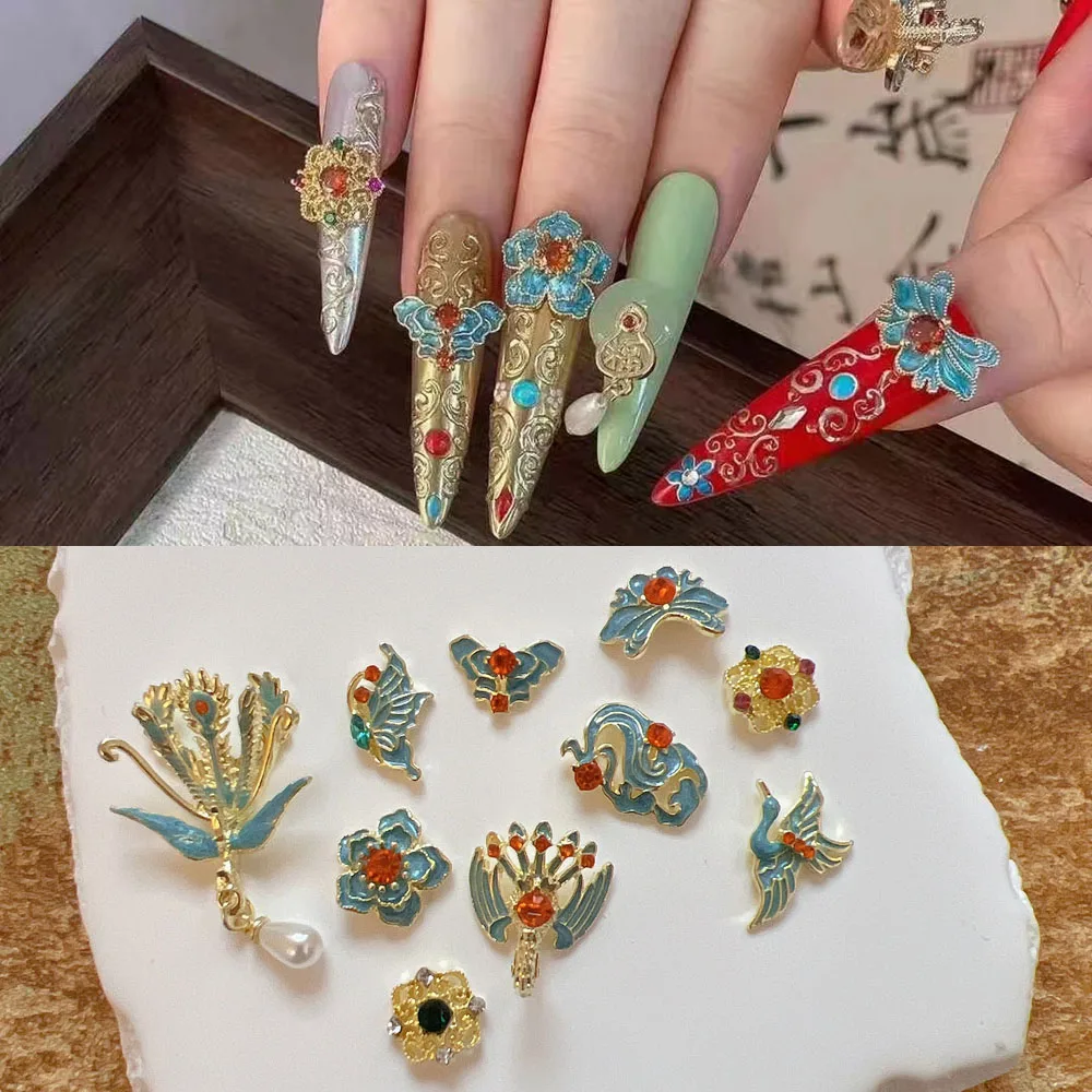 10pcs/bag Nail Art Metal 3D Charms Chinese Style Flower Phoenix Peacock Butterfly Design Charm Nail Art Decoration MD2446-2455