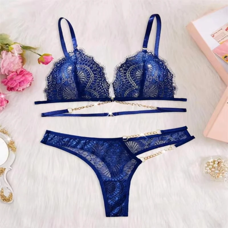 Sexy see-through eyelash lace bikini with seductive chains, two-piece lingerie set