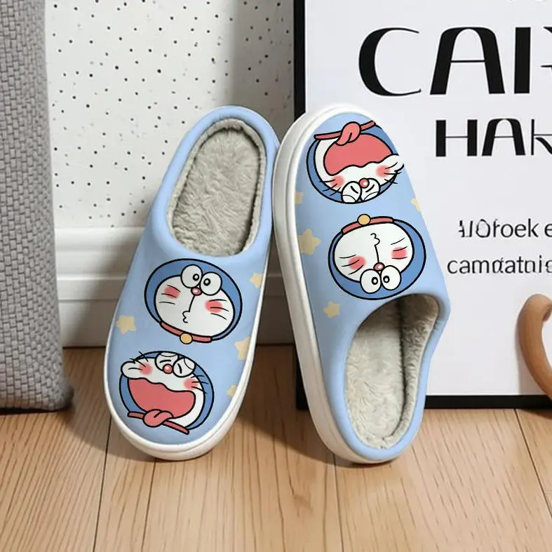 New Cartoon Doraemon Blue Robot Cat Print Winter Plush Slippers Waterproof Upper Lined Closed Toe Home Shoes Unisex Indoor Use