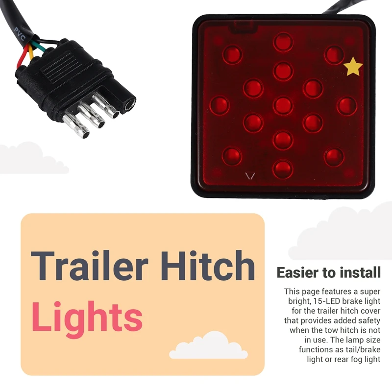New Red 15 LED 2 inch Trailer Truck Hitch Tow Haul Receiver Cover Brake Light with Pin 12V