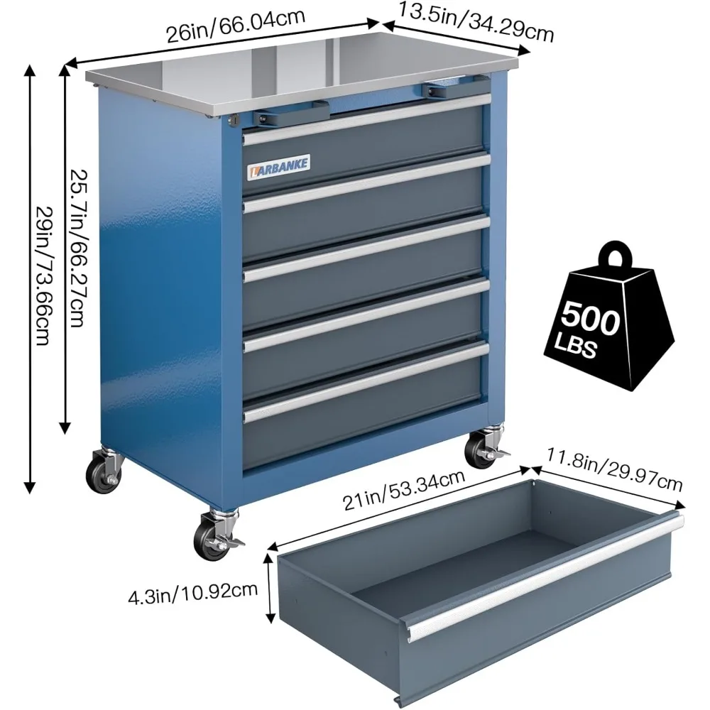 Kabinet Perkakas Portabel dengan 5 Laci, Baja Tahan Karat, Mekanisme Pengunci, dan Alas Kaki