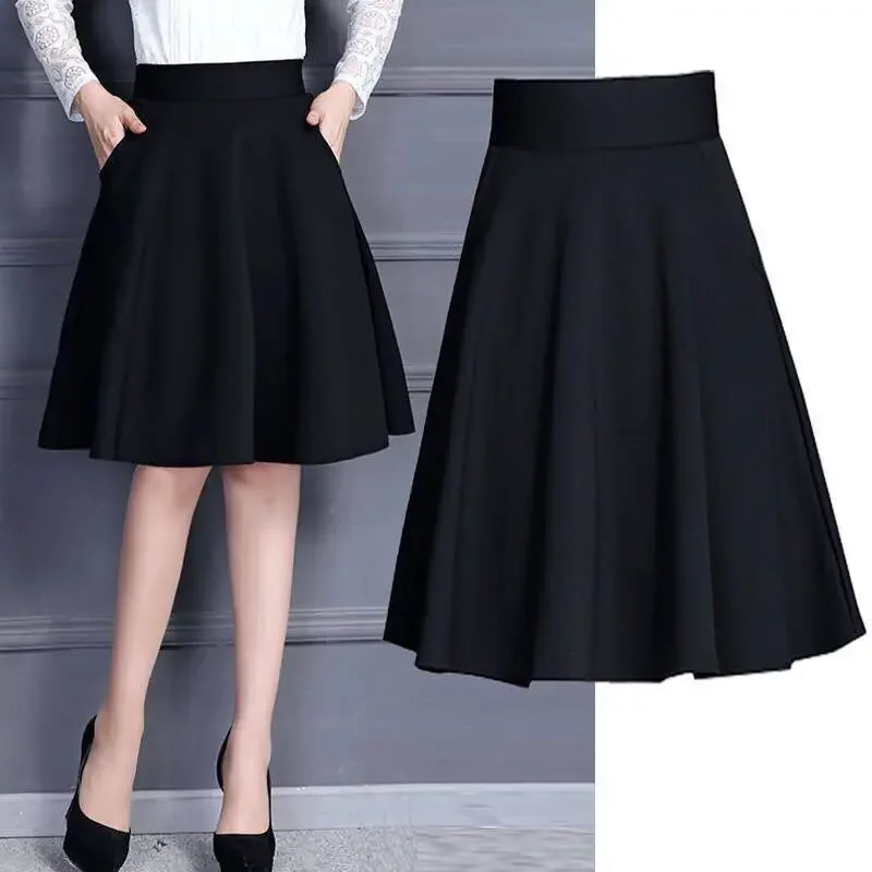 Casual High Waist Pleated Skirt Women Korean Sliming A-Line Pockets Solid Midi Skirt Elegant Office Lady Skorts Spring Autumn