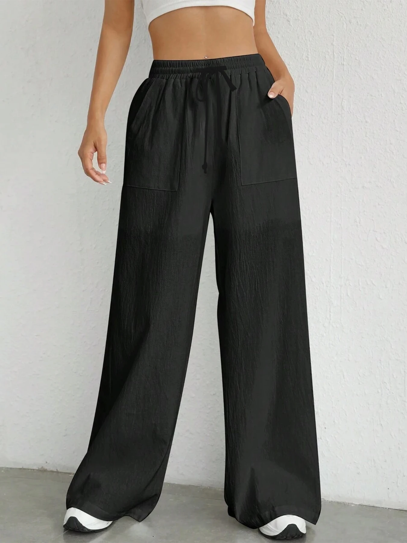 Damen-Hose in Unifarbe, lockere Hose mit weitem Bein, lässige Hose mit Kordelzug, gerade Hose mit Taschen, lässige Hose, lockere Hose mit hoher Taille – Detail 14