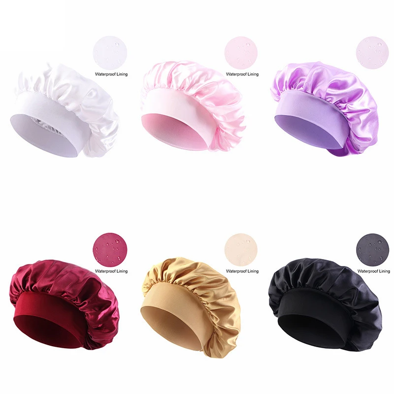 

Double Wide Edge Satin Shower Cap Hairdressing Hair Care Hat High Elasticity Monthly Shower Cap Female Nursing Sleeping Cap New