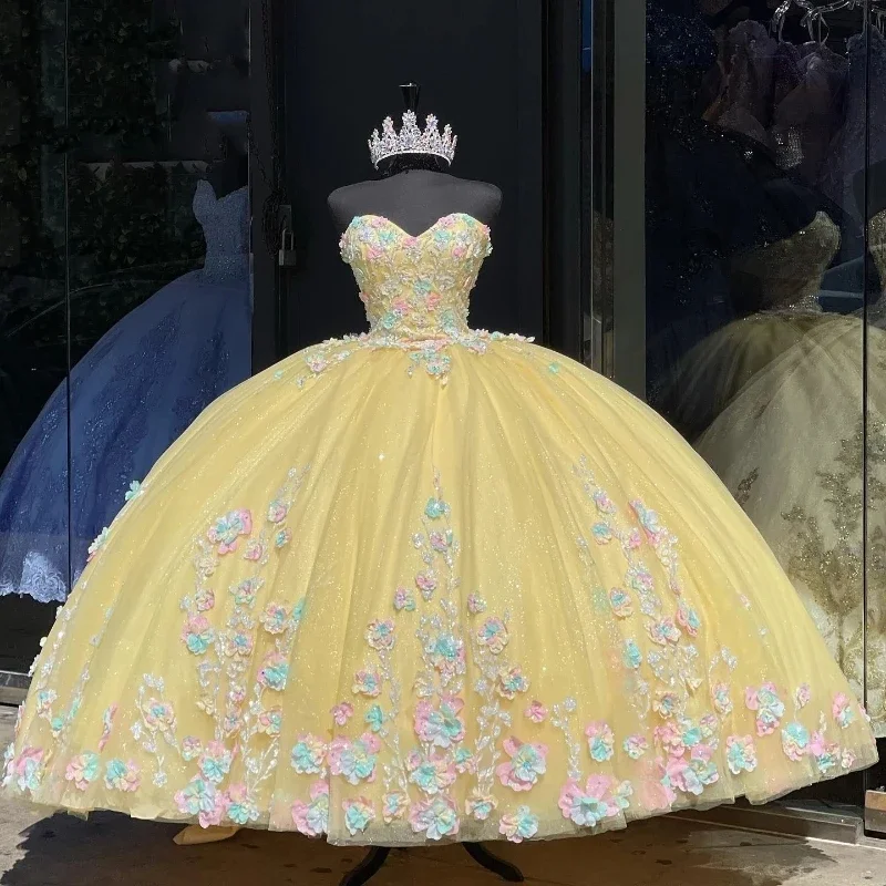 Vestido para quinceañeras amarillo brillante, apliques florales en 3D, vestido De baile con cordones y hombros descubiertos, Tull, México, dulce 16, Vestidos De XV 15 Anos