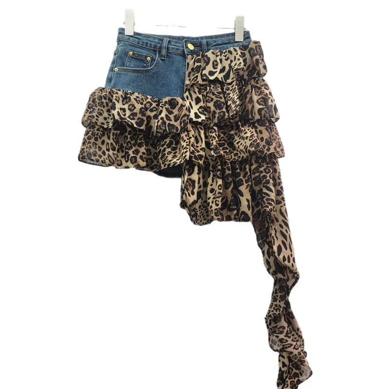American Retro Leopard Print Skirt, Women's Summer Irregular Splicing Spice Girl Elastic Denim Cake Skirt, Short Jupe Femme