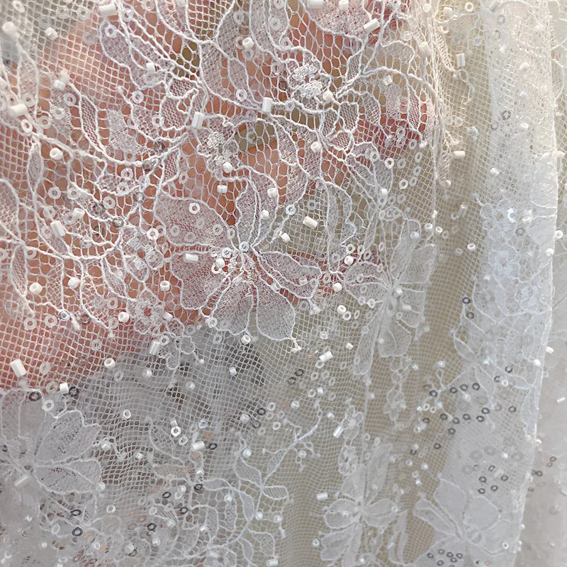 Off White French Exquisite Beaded Elegant Lace Fabric Soft Feel Sequined Wedding Dress Base Veil Flower Leaf Lace Accessories