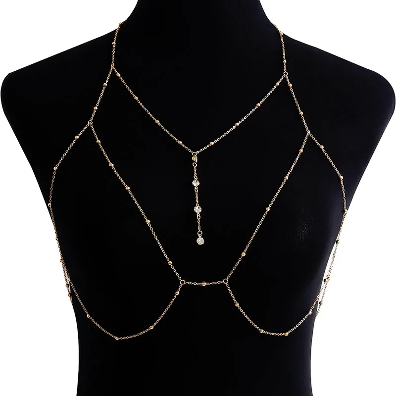 Sexy Shining Zircon Thoracic chain Beach Wedding Accessories Women Bra Cross Bikini Hollow Out Body Chain Fine Chest Chain Girl
