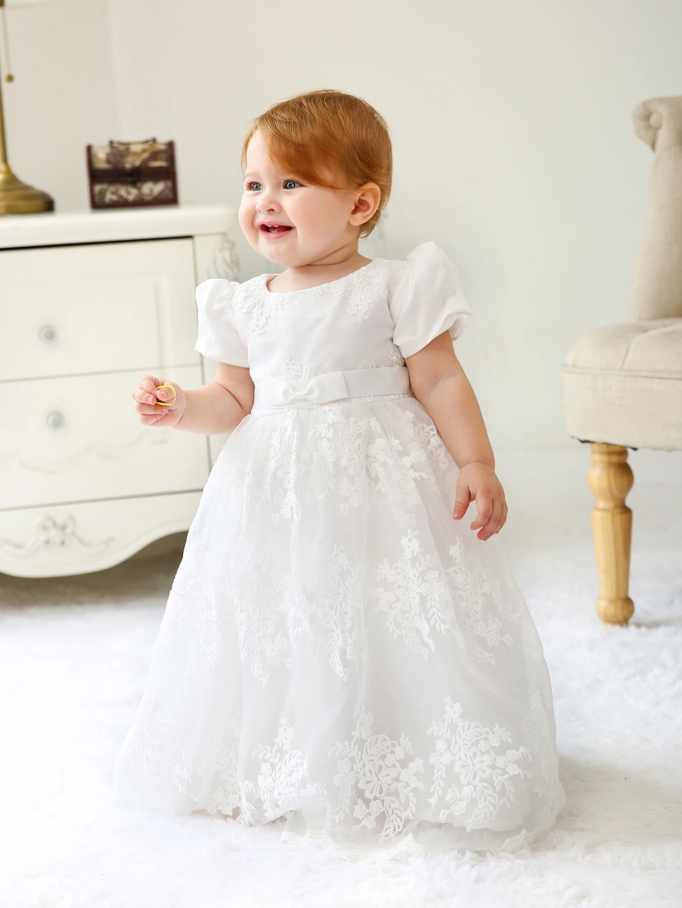 

Baby Girl 0-2 Years Old White Baptism Dress Birthday Party Wedding Flower Girl Veil Dress Long Dress