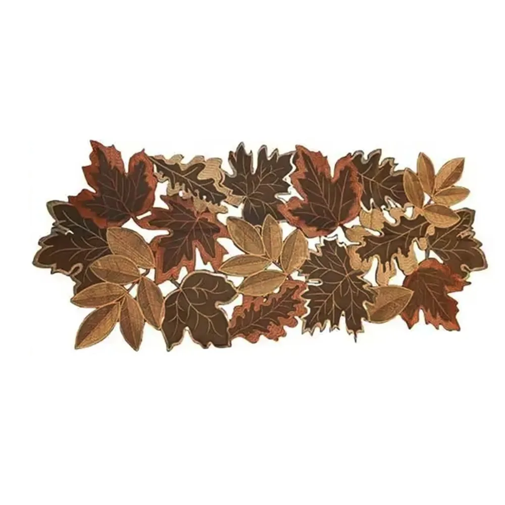 Rustic Style Maple Leaf Embroidered Table Runner Hollow Design Rectangular Maple Leaf Placemat Brown Decorative Tablecloth