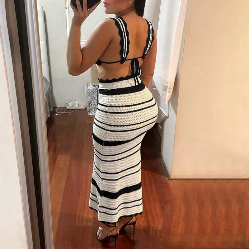 Summer Holiday Set a due pezzi donna Maxi gonna da spiaggia lavorata a maglia Sexy Backless Slim Crop top Lady Fashion Striped Bohemian Outfits