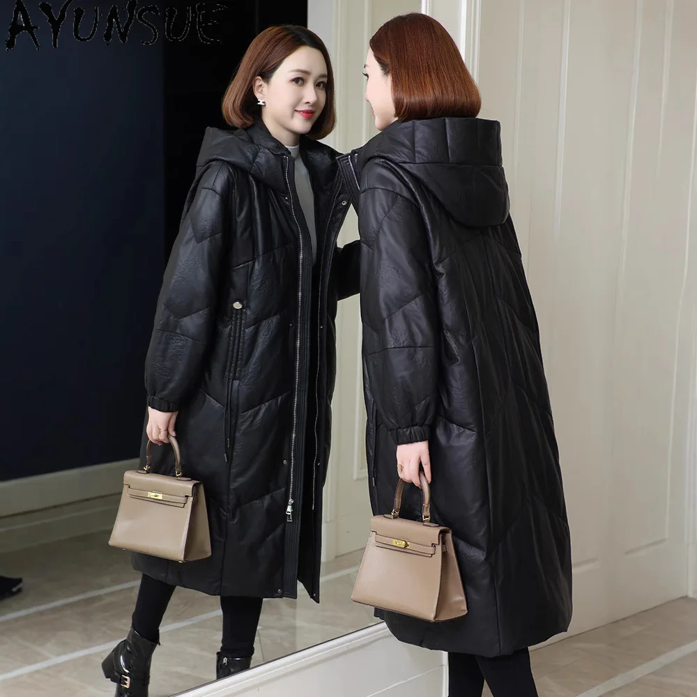 AYUNSUE Giacca in vera pelle di pecora Donna 2025 Abiti invernali Medio-lungo Piumino d'oca bianca Cappotto da donna con cappuccio Jaqueta De Couro