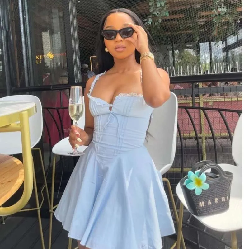 YENKYE New 2025 Women Blue Elegant Party Mini Dresses Sexy Sleeveless Low Waist A-line Summer Dress Lace Up Back Robe image 2