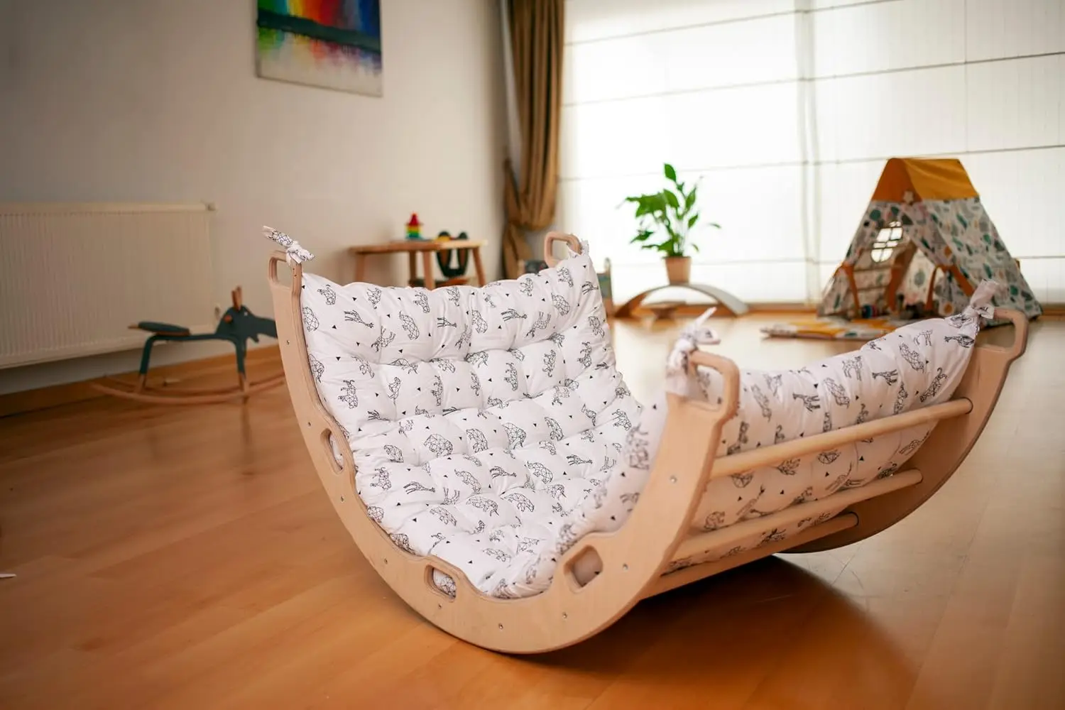 Climbing ARCH | Wooden Climbing Montessori Rocker ARCH | Large Arch with Origami Pillow | Wooden Climbing Arch with Cushion