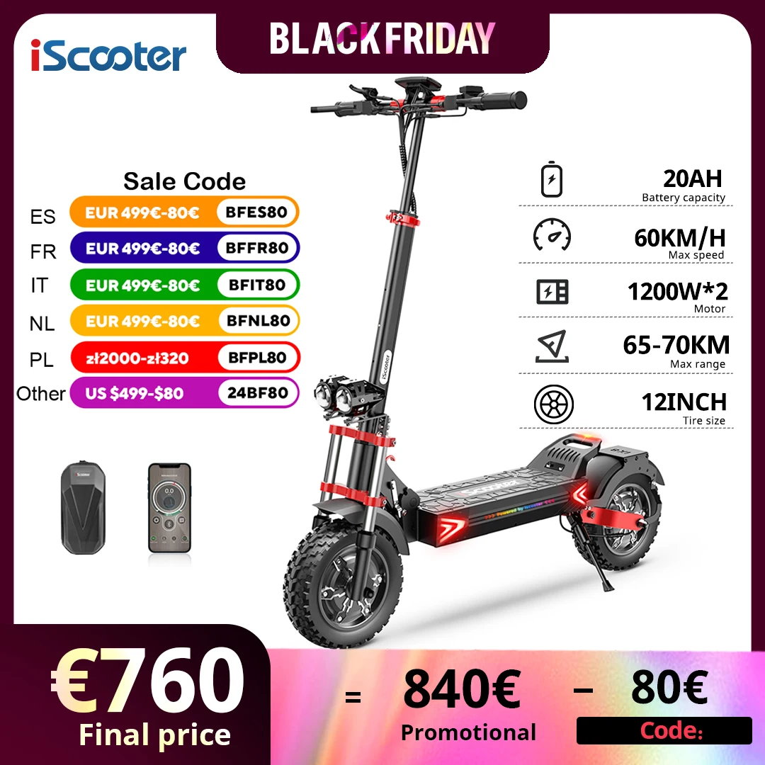 iScooter iX8 12inch Off-Road Electric Scooter Dual Motors 2400W 48V 20Ah Battery 65-70KM Range, 4 Speeds 60KM/H Max with app