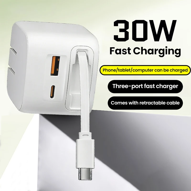 

Быстрое зарядное устройство 30 Вт с вилкой стандарта США и выдвижным кабелем Type-C 3-в-1, быстрая зарядка PD3.0 PPS для iPhone 17, 16, 15, 14, для планшетов Xiaomi L