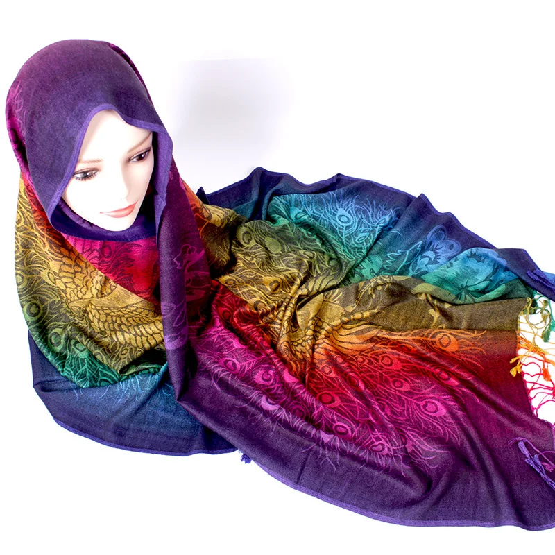 70*190cm New Colorful Gradient Hijab Scarf Peacock Women Bohemian Shawl Jacquard Foulard En Mousseline Hijabs for Woman Scarves