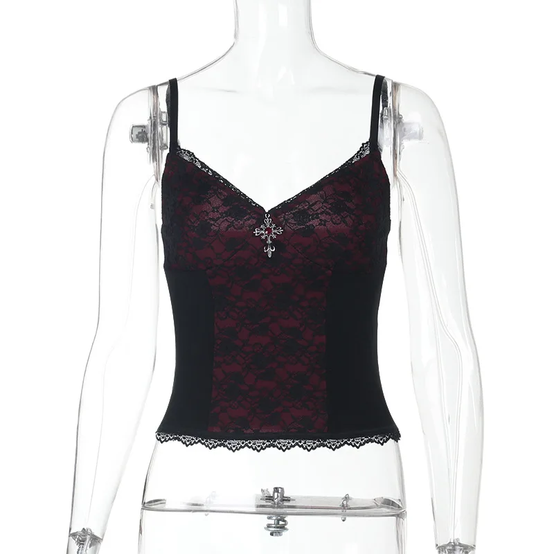 Stile scuro Moda Slim Fit Lace Splice Canotta 2025 Nuovo gotico Sexy Hot Girl Canotte Donna Punk Cos Abiti casual anni 2000 Y2k