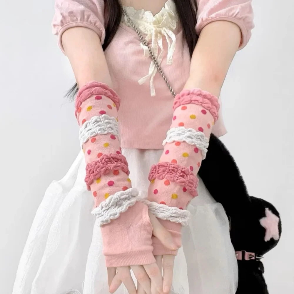 Y2K Arm Warmers Girl Heart Loli Arm Sleeve Cute Bubble Sleeves Lolita Color Dots Sleeves Pink Pink Long Gloves Sweet  Arm Cover