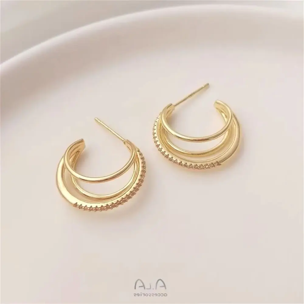 S925 Silver Needle 14K Package Gold Three Ring C-shaped Zircon Earrings Ring Earrings Fashionable and Trendy Korean Style E097