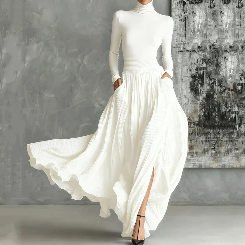 Conjunto de falda elegante de dos piezas de Francia para mujer con bolsillos, liso, minimalista, dobladillo dividido, plisado, línea A, trajes ajustados de cuello alto Vintage