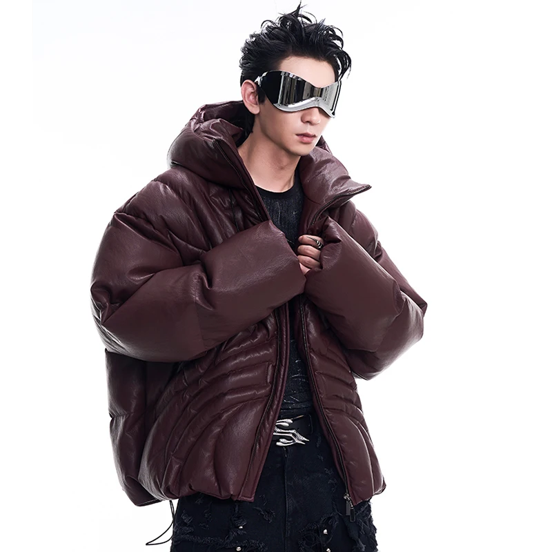 FEWQ Niche Matte Hooded Leather Men\'s Cotton Jacket 2024 Autumn Winter New Thick Warm Long Sleeve Trendy Versatile Coats 24E5159