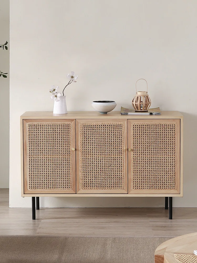 Nordic solid wood dining side cabinet simple modern living room tea cabinet storage Japanese rattan